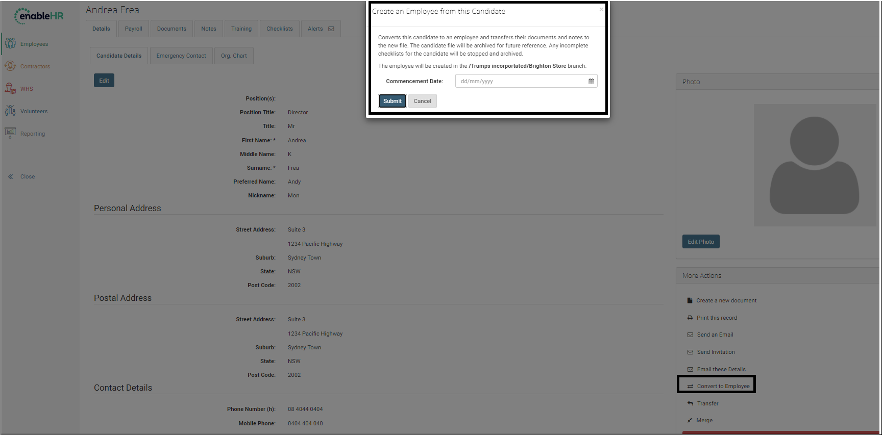 enableHR Create Employee from Candidate