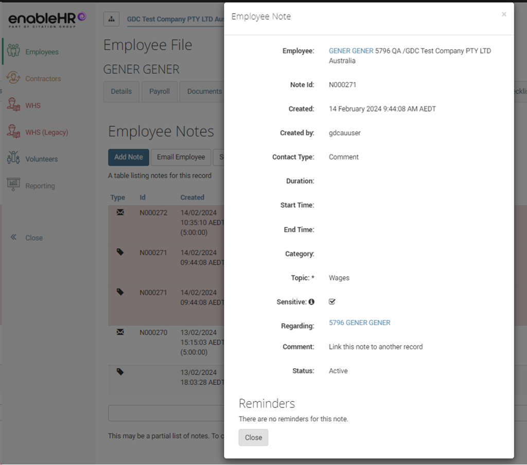 enableHR Retrieve Employee Note Details