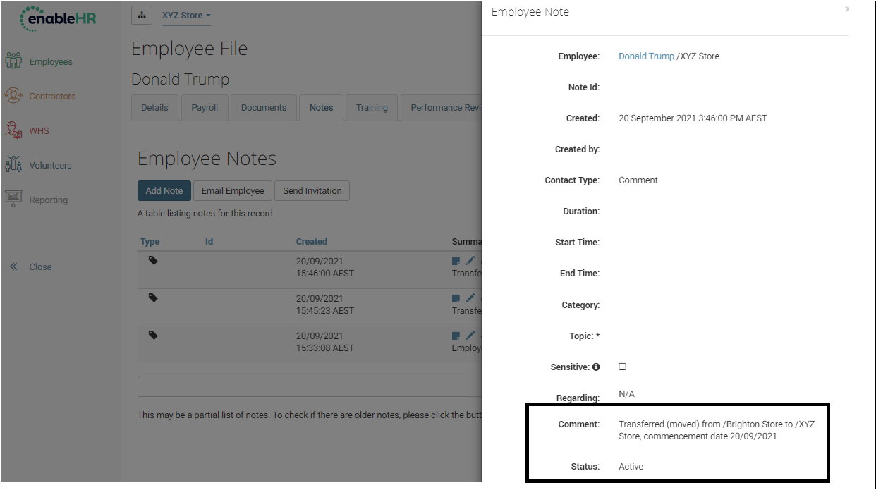 enableHR Employee Transfer Note