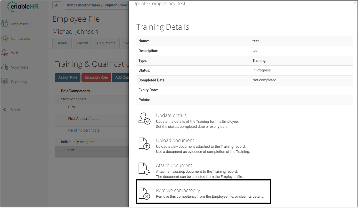 Unassign competency of an employee