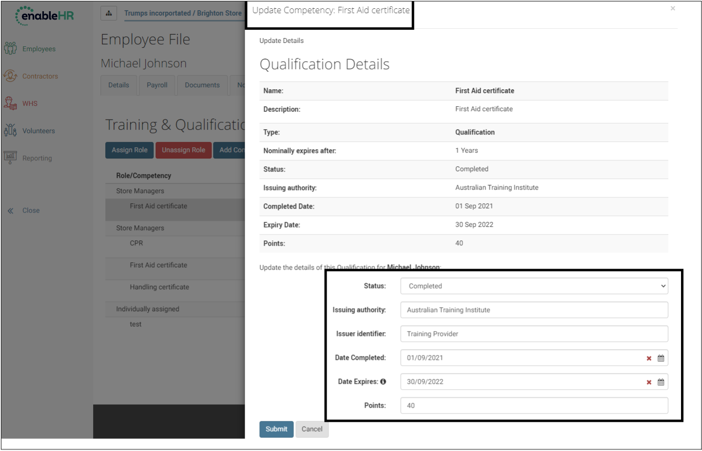 Update competency of an Employee